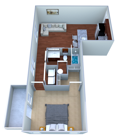 Floor plan for 1 bed, 1 bath, 653 sqft